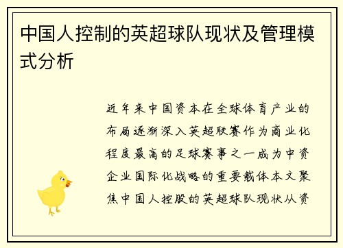 中国人控制的英超球队现状及管理模式分析