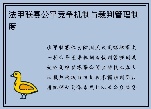 法甲联赛公平竞争机制与裁判管理制度